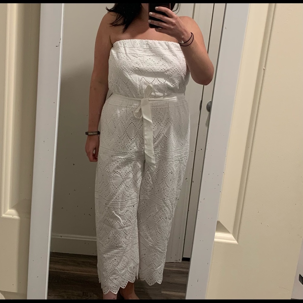 Express strapless white crochet jumpsuit NWT